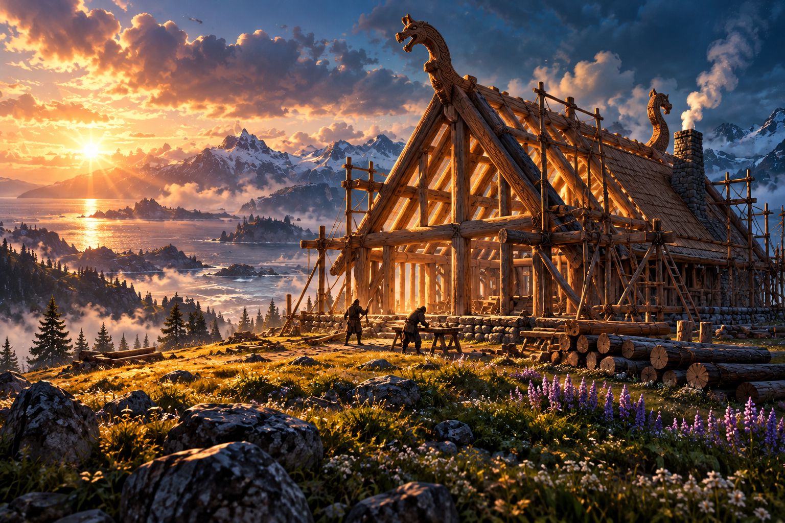 Two builders raising the timber frame of a great hall on a headland at golden hour, with carved dragon heads on the roof and mountains across the water.