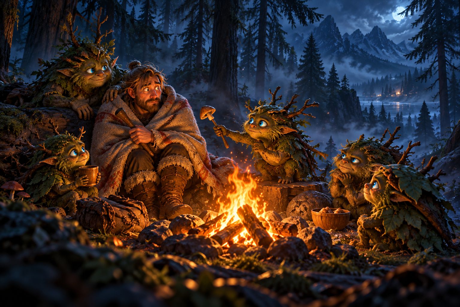 A new Viking wrapped in a blanket by a campfire at night, looking worried, while five small mossy forest creatures crowd around him, one offering a mushroom on a stick.