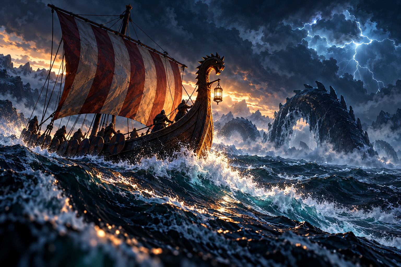 A longship with a red and white striped sail crashing through storm waves, a lantern at its dragon prow, while a sea serpent arches out of the water under lightning.